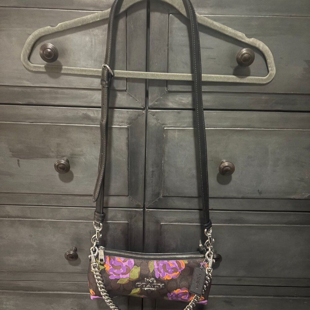 Coach Brown Leather Shoulder Bag with Purple and Orange Floral Print - Picture 6 of 10